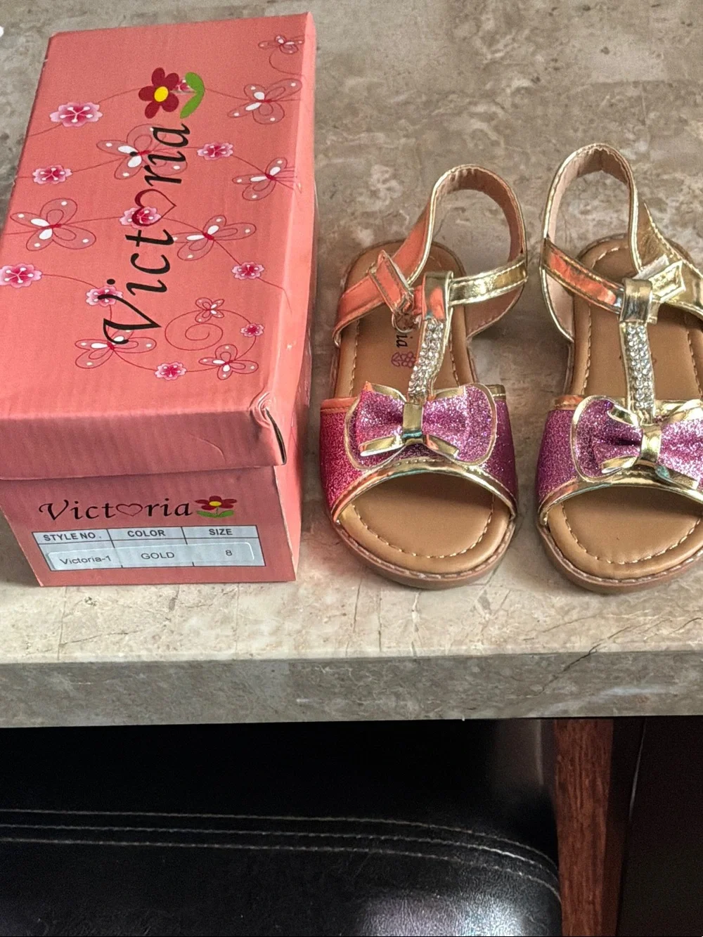 Kids Pink Glitter Bow Sandals with Gold Accents